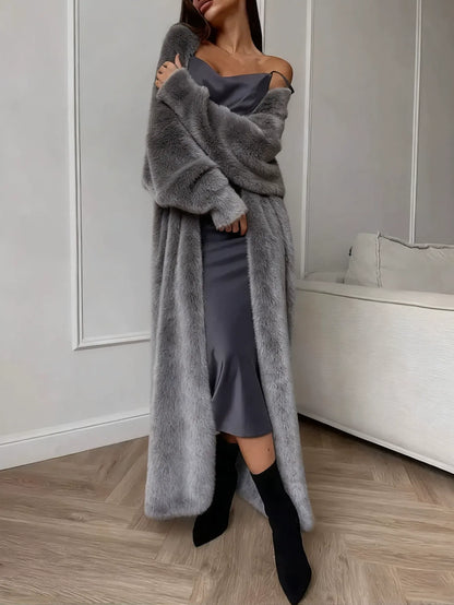 Women's Fuzzy Faux Mink Cardigan Coat | Casual Long Sleeve Open Front Plush Long Jacket