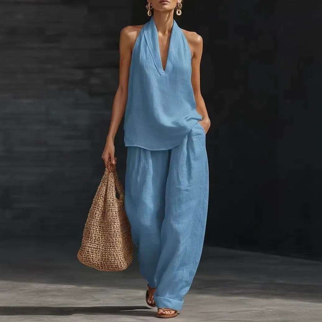 Ensembles deux pièces en mélange de lin pour femmes – Haut court licou sexy à col en V profond et pantalon large lanterne, ensemble coordonné décontracté pour les vacances d'été