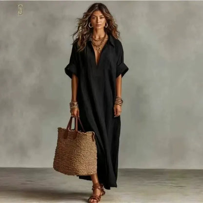 Women's Minimalist Linen-Look Maxi Dress | Casual Polo Collar Roll-Up Short Sleeve Kaftan