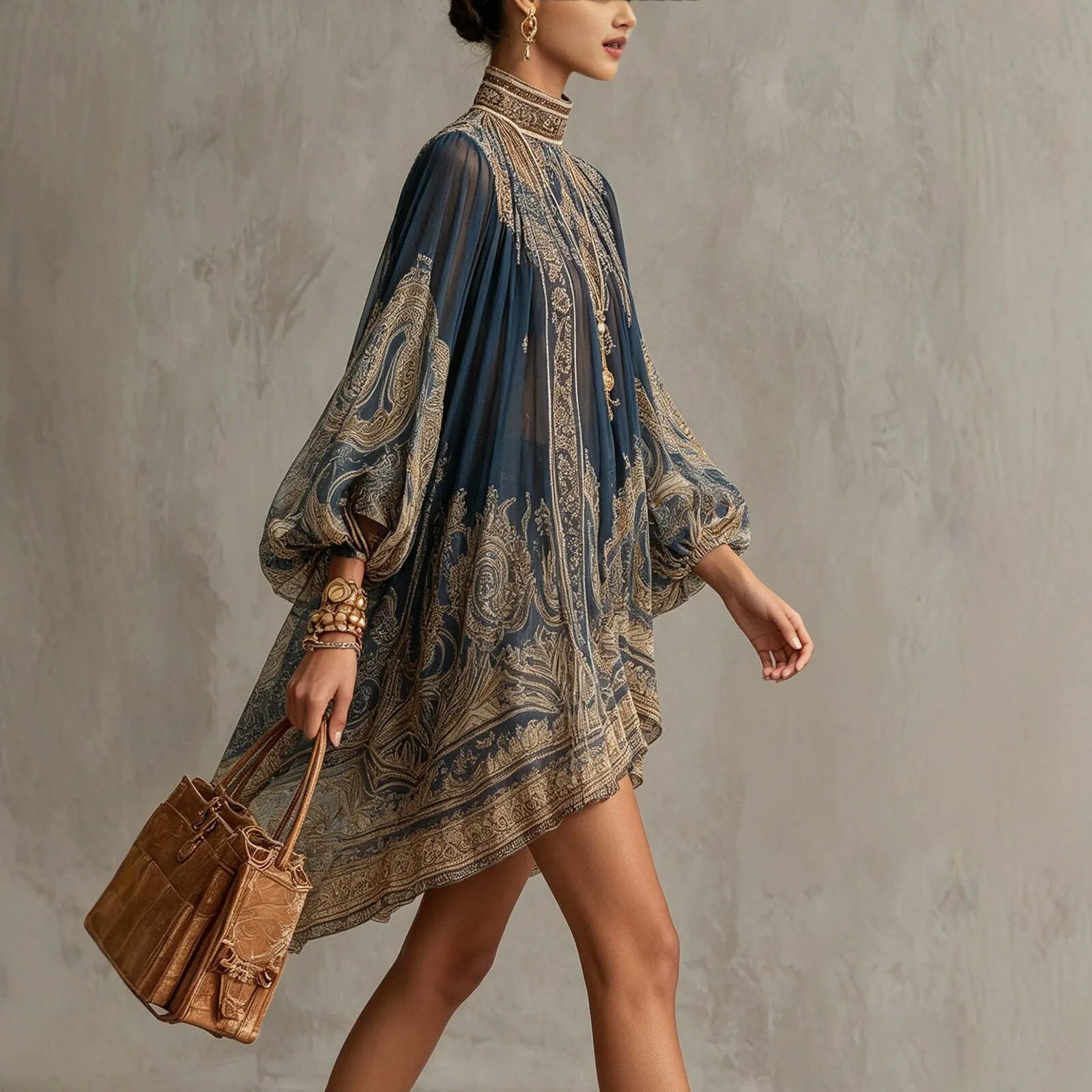 Mini-robe fluide en mousseline imprimé baroque pour femme - Col montant