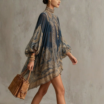 Mini-robe fluide en mousseline imprimé baroque pour femme - Col montant