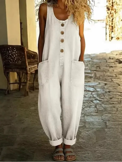 Vintage Washed Denim Scoop Neck Jumpsuit for Women - Loose Fit Harem Overalls with Pockets