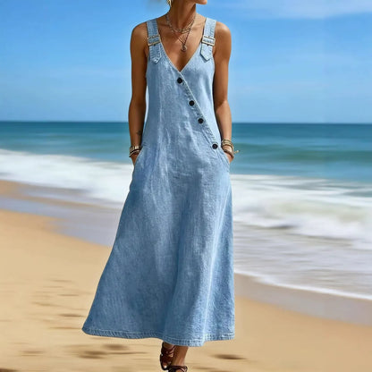 Vintage French Style Denim Pinafore Dress for Women - Elegant Loose Fit Beach Vacation Sundress