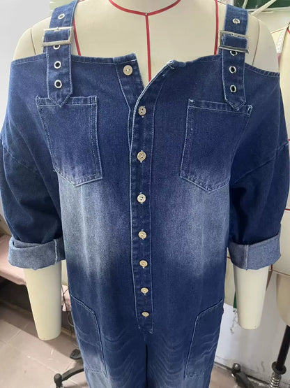 Vintage Washed Denim Jumpsuit for Women - Sexy Off-the-Shoulder Long Sleeve One-Piece