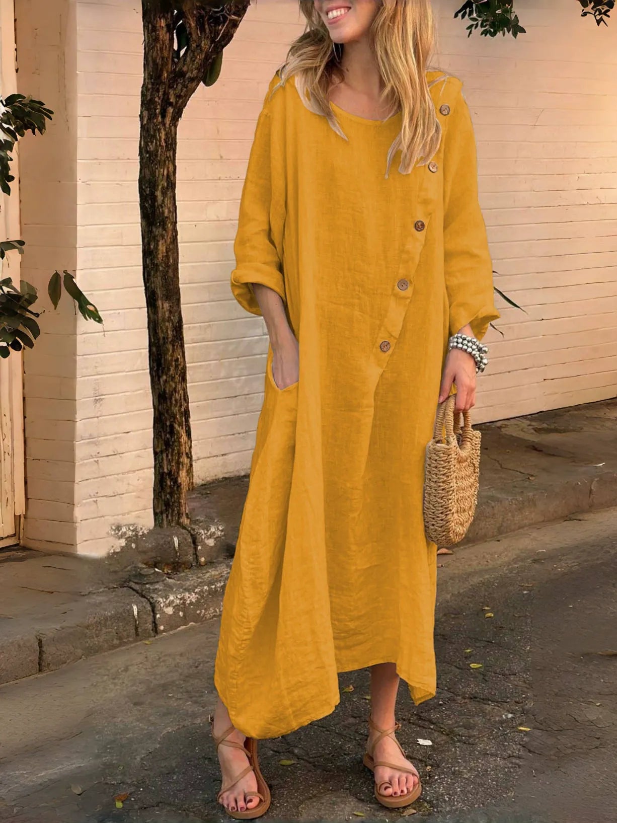 Women's Casual Linen Maxi Dress – Asymmetric Diagonal Button Down Kaftan, Oversized Loose Fit Long Sleeve Tunic Sundress with Pockets