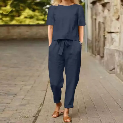 Ensemble assorti d'été minimaliste beige pour femme – Tunique chic en coton et lin et pantalon sarouel ceinturé, tenue 2 pièces légère pour le quotidien