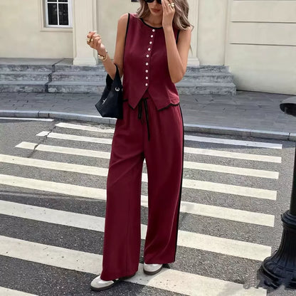 Riviera Contrast Piping Set | Tailored Button-Up Vest & Wide-Leg Pants