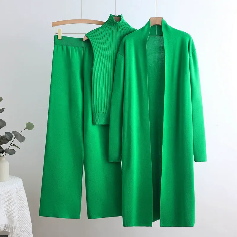 Mercerized Cotton Knit 3-Piece Set | Sleeveless Mock Neck Sweater Open Front Cardigan & Wide Leg Pants Suit