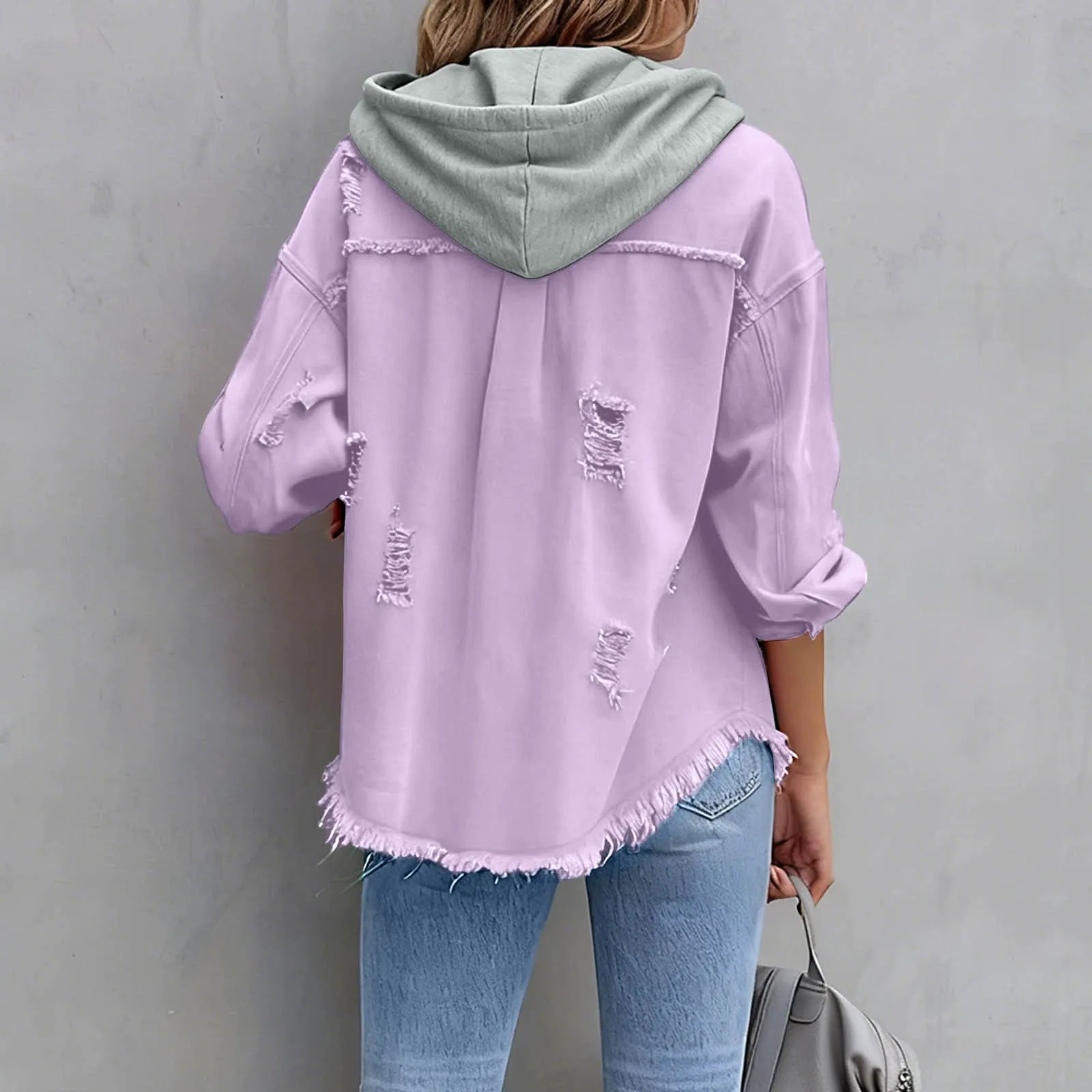 Women's Hooded Distressed Denim Jacket | Casual Long Sleeve Washed Jean Shacket Top