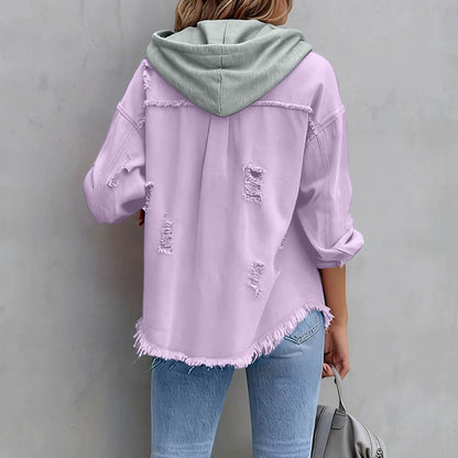 Women's Hooded Distressed Denim Jacket | Casual Long Sleeve Washed Jean Shacket Top