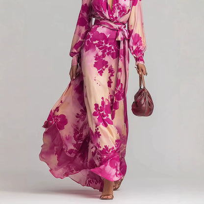 Robe Longue Fleurie Romantique Française | Robe de Soirée Fluide de Luxe à Ceinture pour les Vacances de Printemps