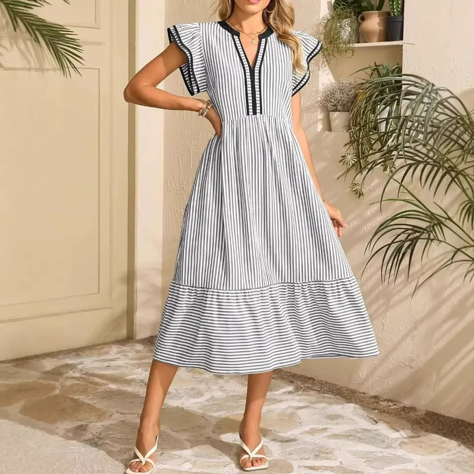 Mediterranean Style Striped Holiday Dress | Elegant High Waist Midi Dress with Pockets