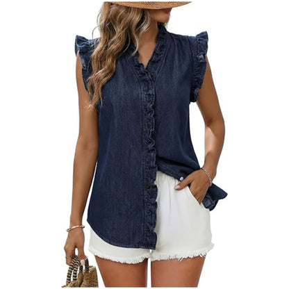 Women's Ruffle Sleeveless Denim Shirt | Casual Washed Blue Jean Tank Top with Frill Trim V-Neck