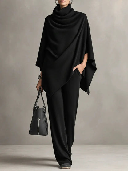 Elegant Cowl Neck Poncho & Wide-Leg Pants 2-Piece Knit Set