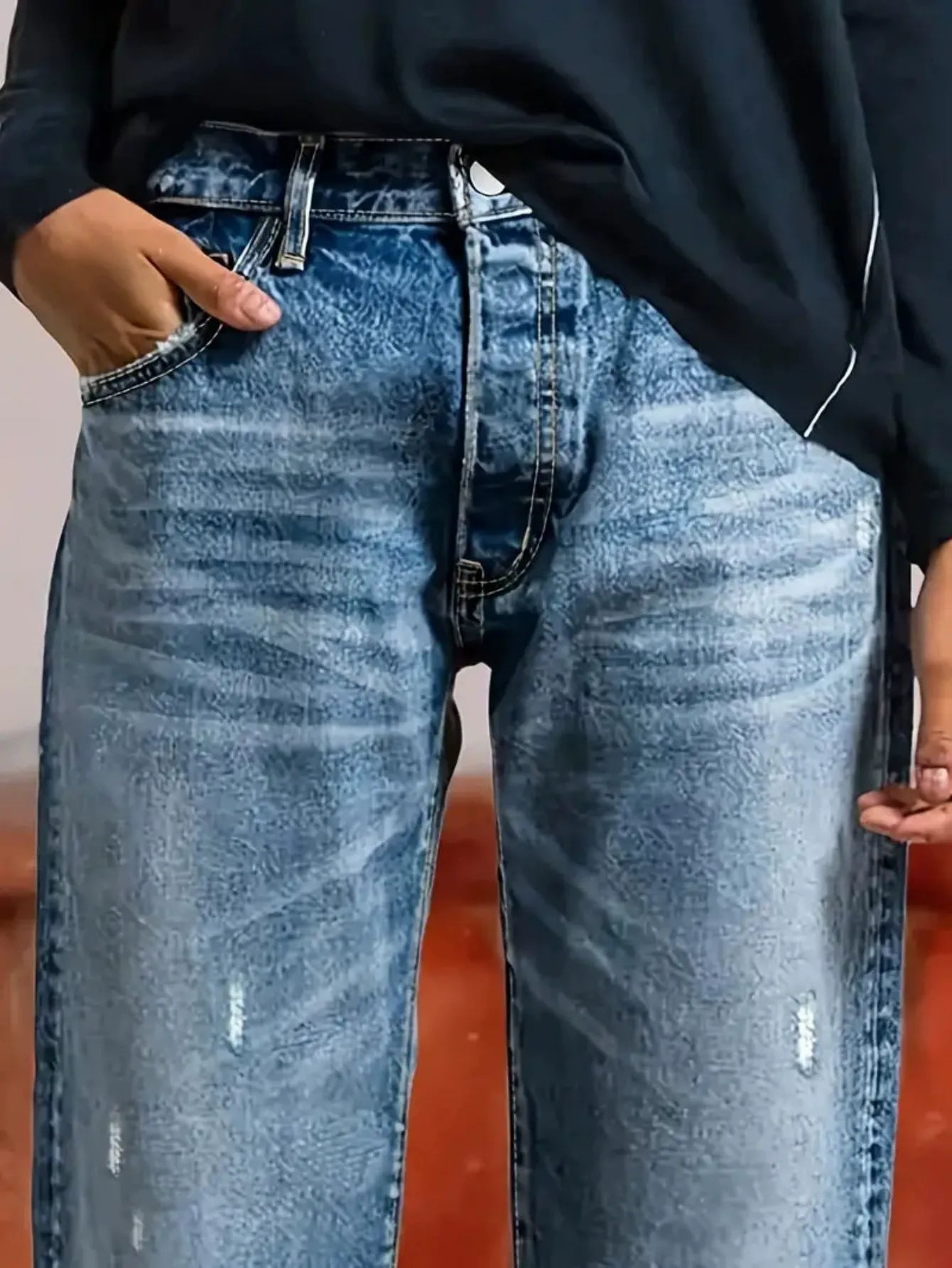 Vintage Washed Distressed Crop Jeans for Women - Loose Fit Raw Edge Trousers