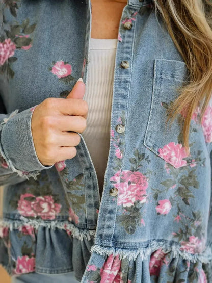 Vintage Rose Print Denim Blouse for Women - Elegant Flounce Trim Loose Fit Top