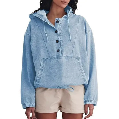 Retro Light Wash Denim Hooded Sweatshirt for Women - Loose Fit Drawstring Hem Jean Pullover Top