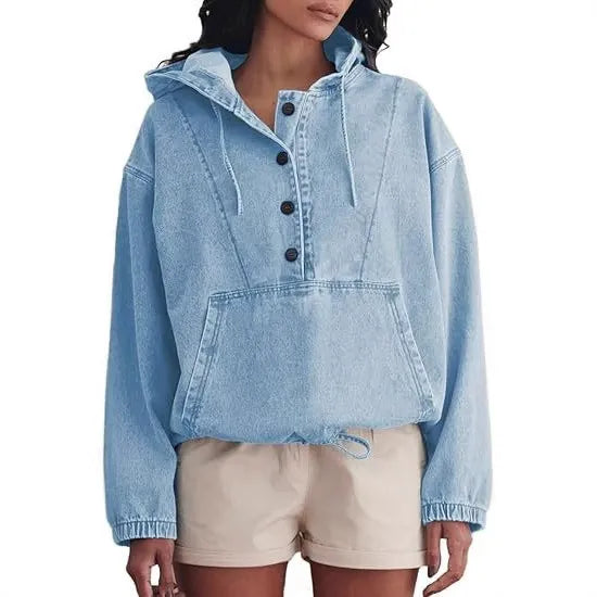 Retro Light Wash Denim Hooded Sweatshirt for Women - Loose Fit Drawstring Hem Jean Pullover Top