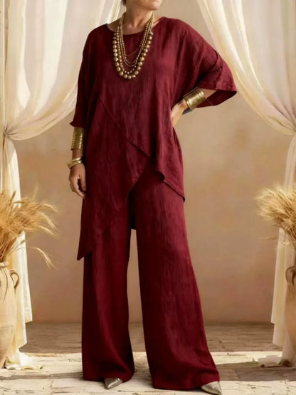 Ensemble deux pièces asymétrique en lin pour femmes – Tunique superposée oversize et pantalon large, ensemble décontracté d'été style bohème