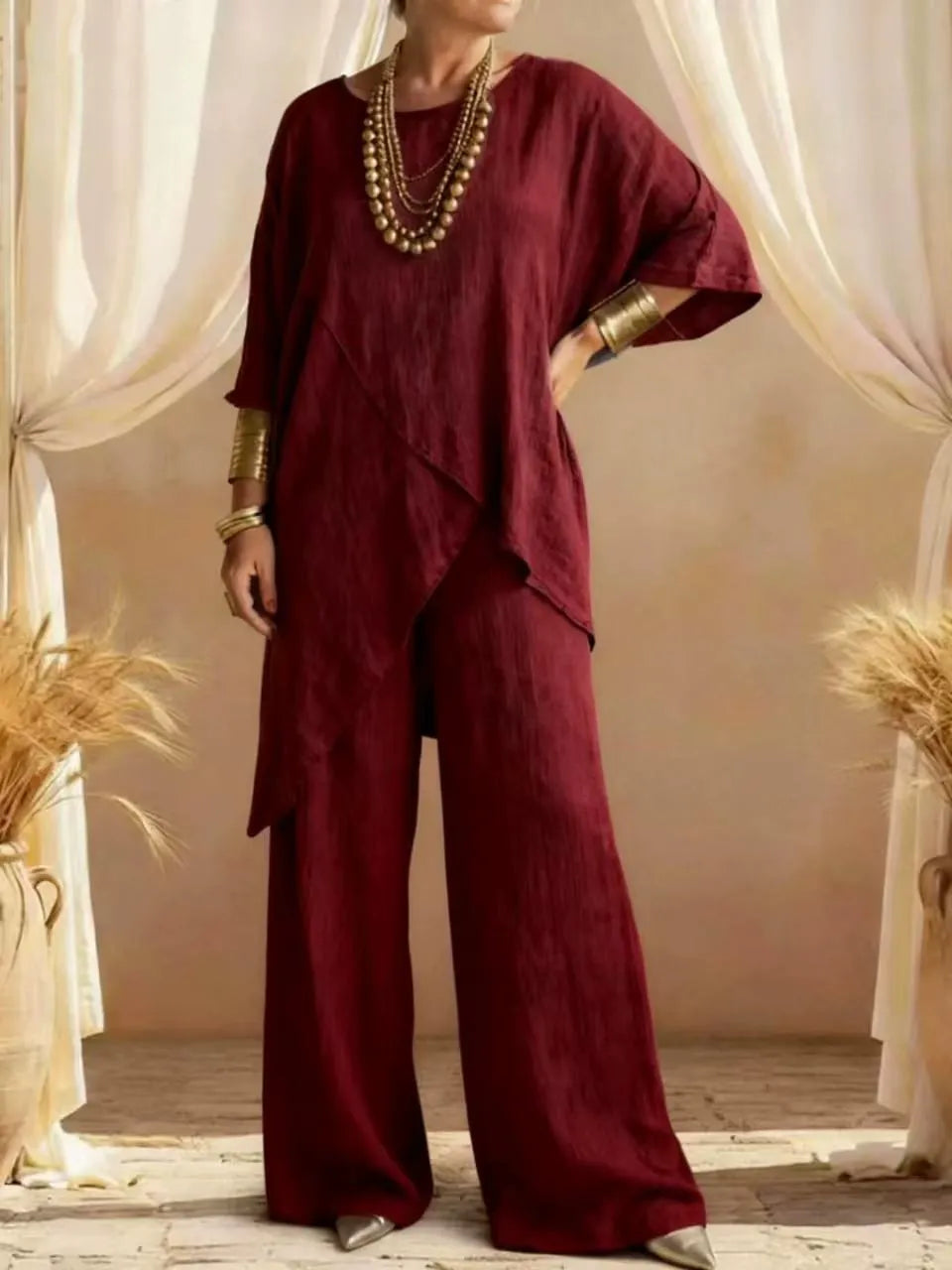 Ensemble deux pièces asymétrique en lin pour femmes – Tunique superposée oversize et pantalon large, ensemble décontracté d'été style bohème