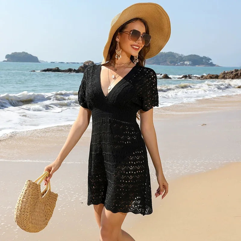 Boho Hollow-Out Knit Beach Dress | High-Waisted Crochet Cover-Up Mini