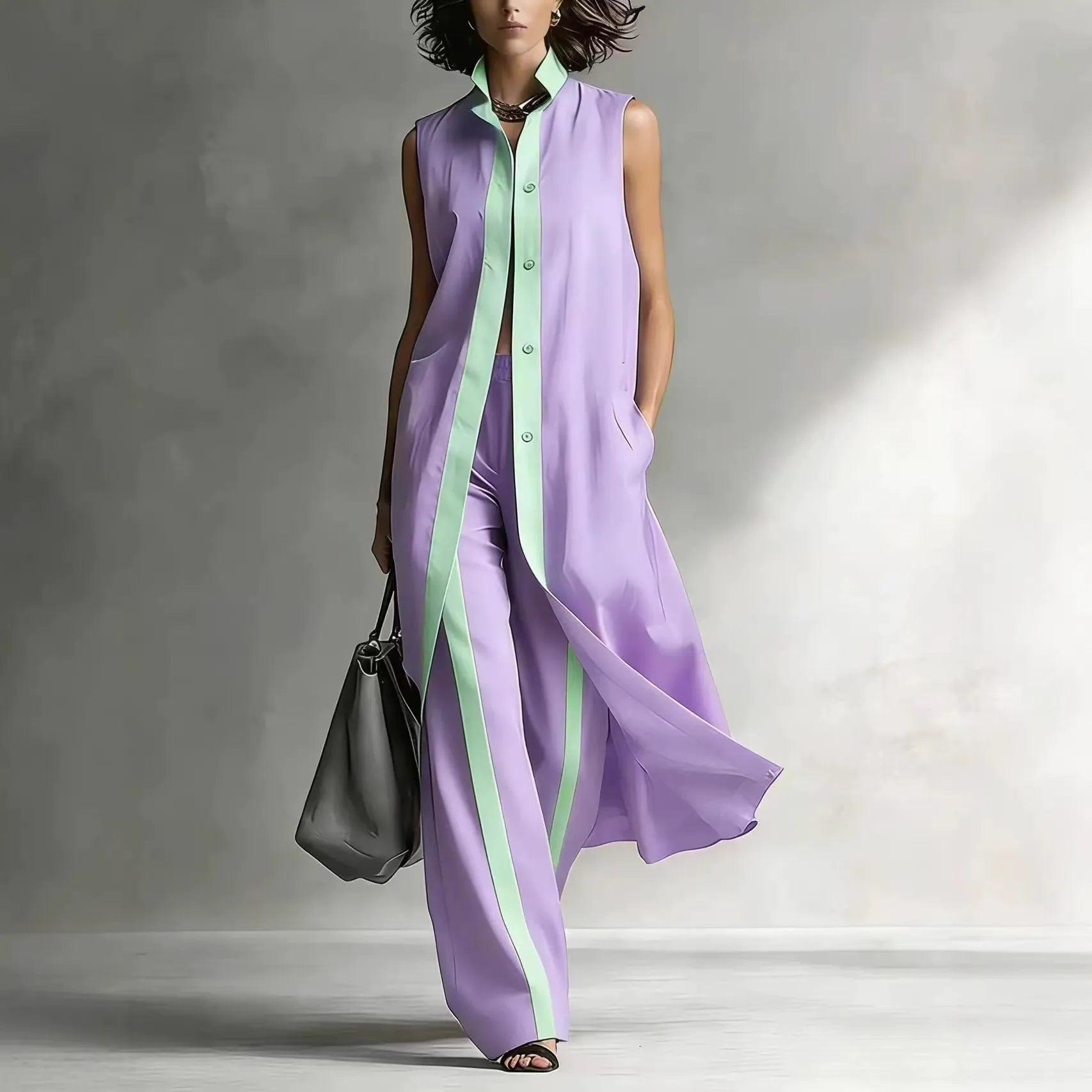 Women's Color Block 2-Piece Lounge Set | Casual Longline Sleeveless Cardigan & Wide Leg Pants Suit