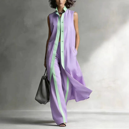 Women's Color Block 2-Piece Lounge Set | Casual Longline Sleeveless Cardigan & Wide Leg Pants Suit