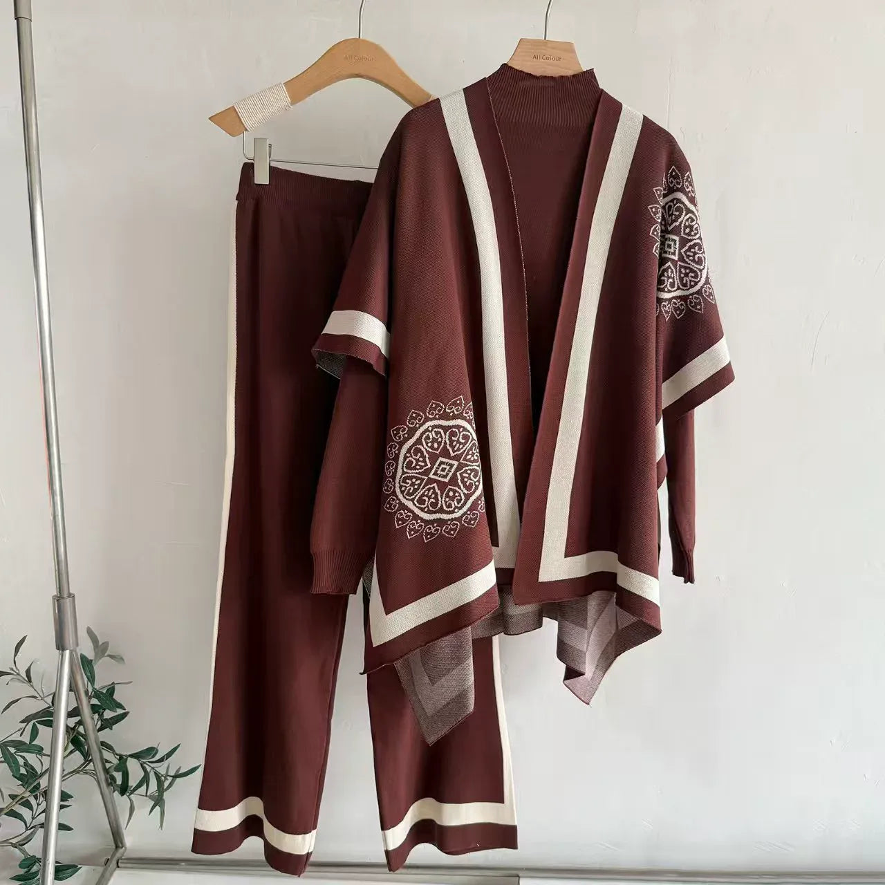 Old Money Geometric Knit 3-Piece Set | Sleeveless Mock Neck Vest Open Front Cardigan Shawl & Wide Leg Pants Suit