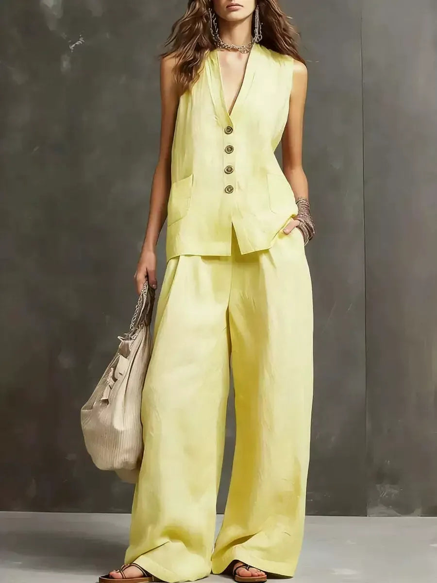 Ensemble chic coordonné d'été pour femme – Gilet en lin rose poudré et pantalon palazzo fluide, tenue de villégiature élégante deux pièces
