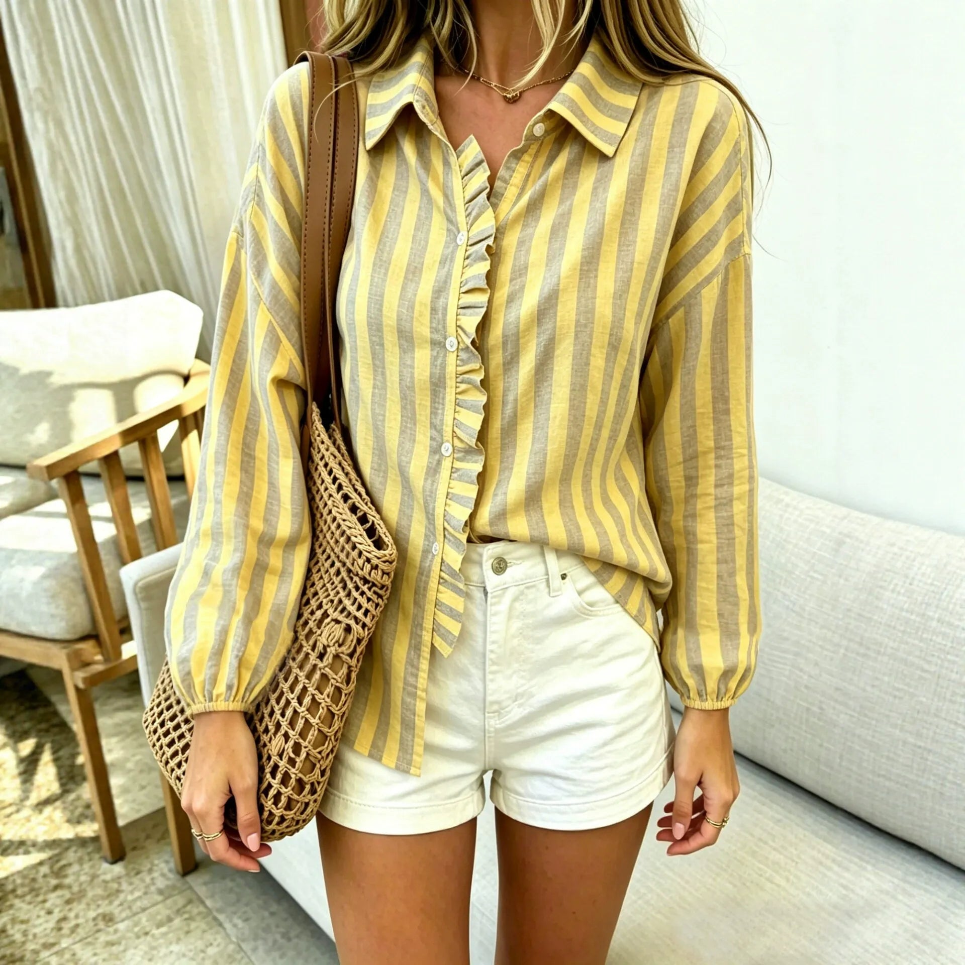 Vintage Striped Ruffle Button-Down Blouse - Long Sleeve Resort Style Collared Shirt for Women