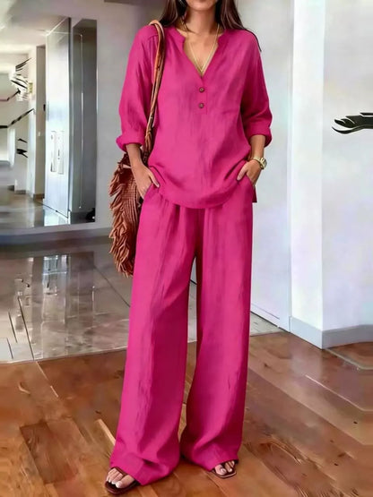 Ensembles deux pièces en mélange de lin pour femme – Haut tunique à manches longues avec col Henley en V et pantalon large, Ensemble coordonné décontracté pour les vacances d'été