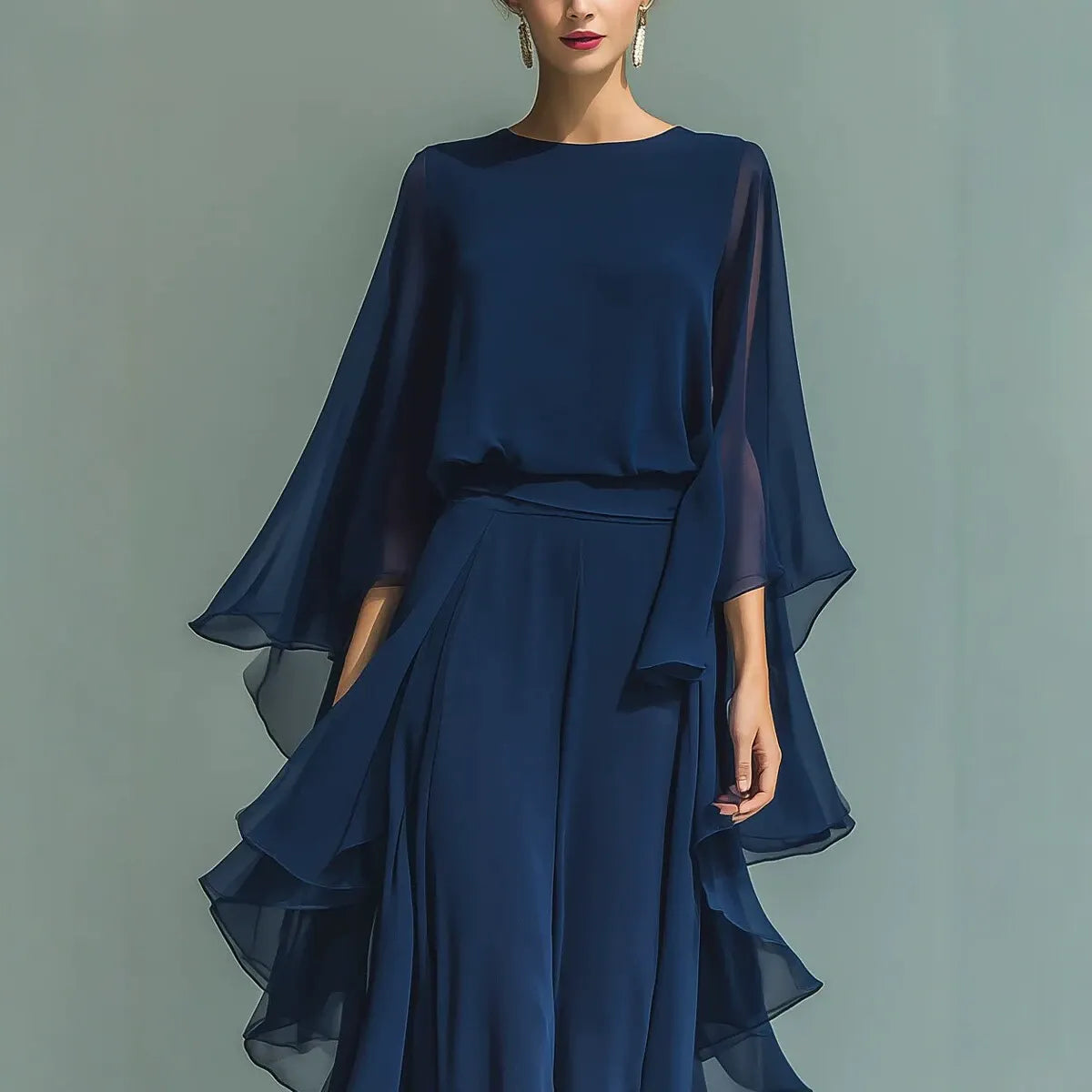 Ensemble décontracté plissé bleu marine | Pantalon Palazzo taille haute à volants et ensemble élégant