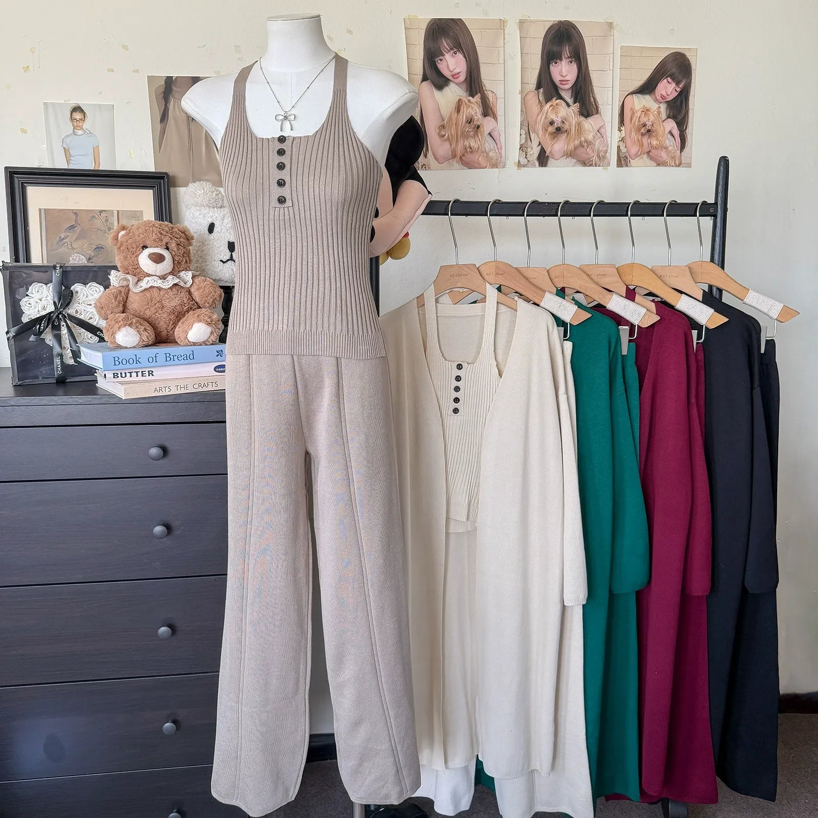 Ribbed Slimming Knit 3-Piece Set | Open Front Long Cardigan Button Square Neck Cami & Wide Leg Pants Suit