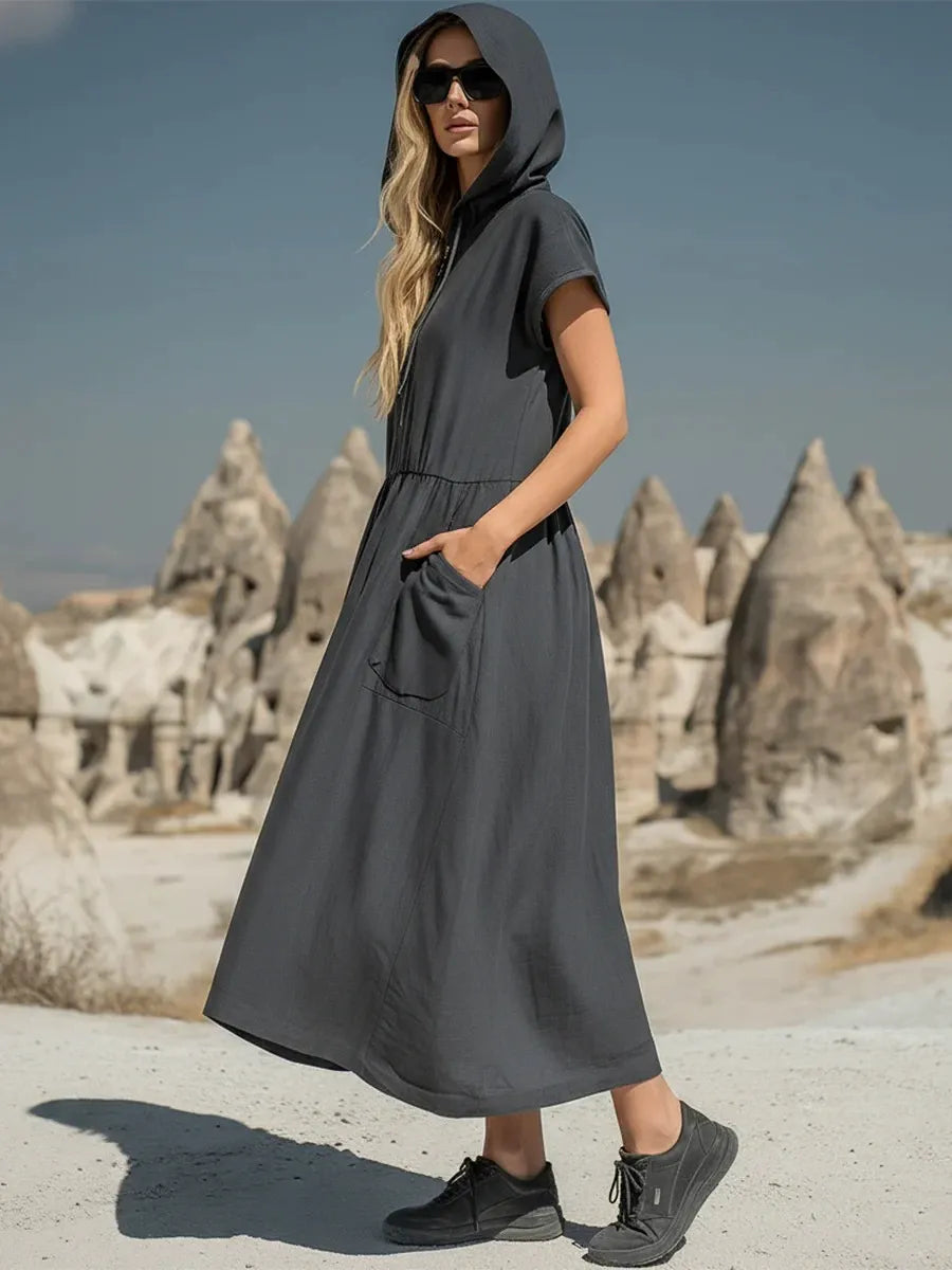 Women's Hooded Maxi Dress - Casual Short Sleeve Zipper Loose Long Dress