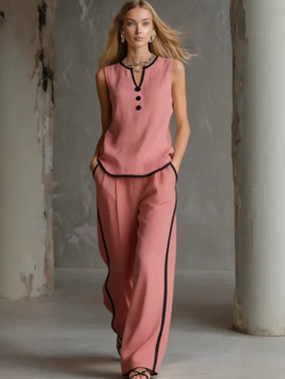Chic Contrast Trim Knit Lounge Set - Sleeveless V-Neck Tank Top & High-Waist Wide Leg Pants 2-Piece Set