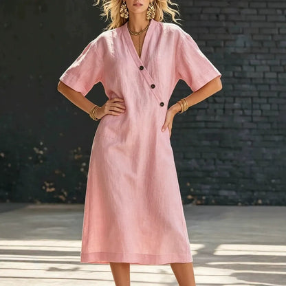 Minimalist Dusty Pink Summer Dress for Women – Chic Side Button Shift Dress, Breezy Boho Vacation Linen-Look Midi