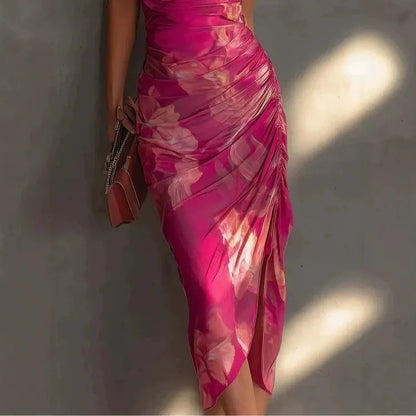 Backless Floral Print Slip Dress with Drawstring Ruched Detail & Side Slit