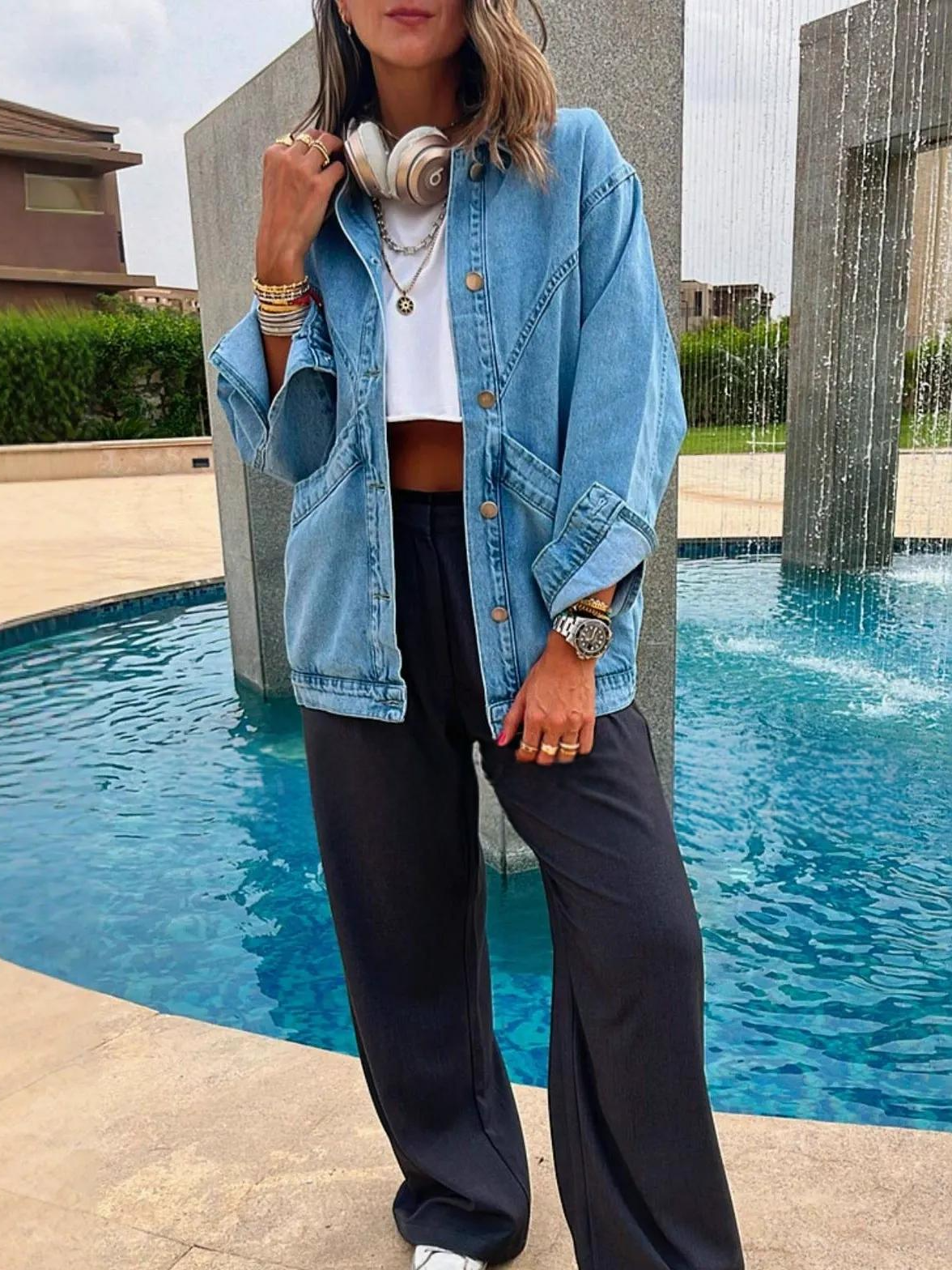 Women's Oversized Washed Blue Denim Jacket | Retro Loose Fit Cotton Jean Coat with Large Dual Pockets