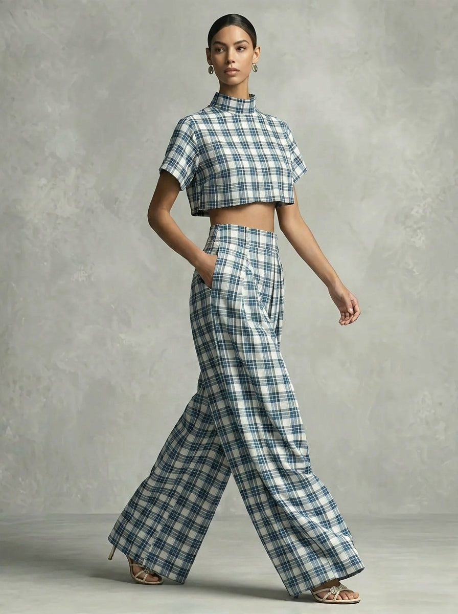 Architectural Plaid Co-ord Set | Mock-Neck Crop Top & Lantern Pants