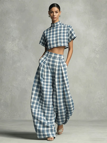 Architectural Plaid Co-ord Set | Mock-Neck Crop Top & Lantern Pants