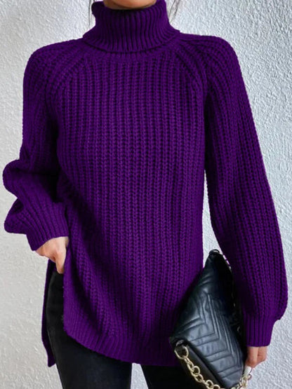 Women's Turtle Neck Ribbed Knit Sweater | Casual Long Sleeve Side Split Tunic Gown