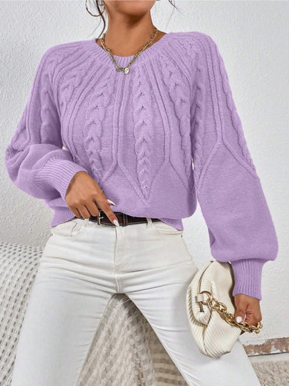Women's Cable Knit Pullover Sweater | Casual Round Neck Long Sleeve Ribbed Jumper Top
