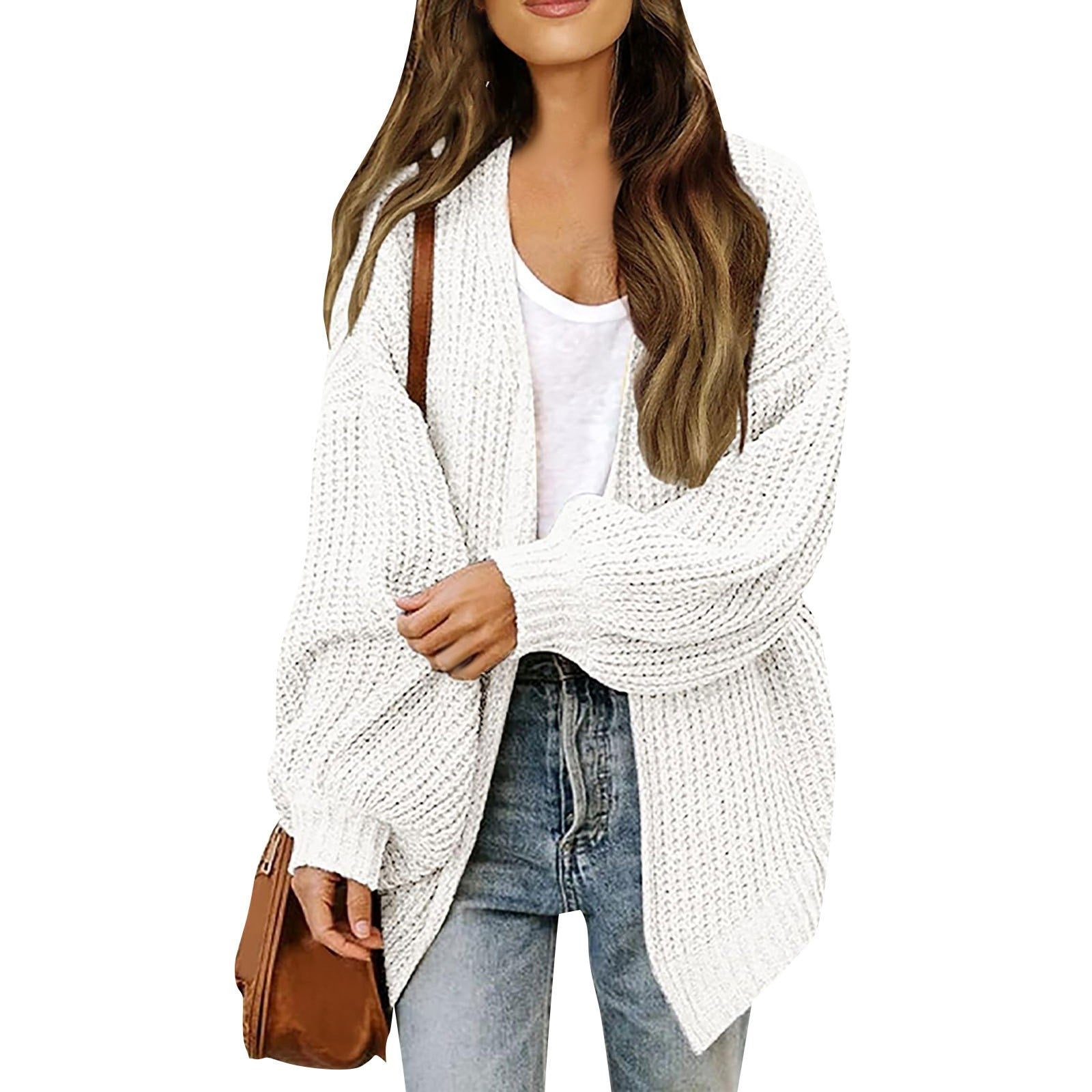 Chunky Knit Lantern Sleeve Cardigan - Loose Fit Open Front Slouchy Oversized Sweater Jacket