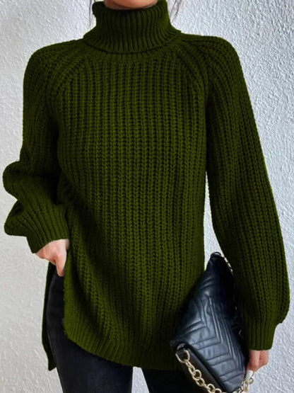 Women's Turtle Neck Ribbed Knit Sweater | Casual Long Sleeve Side Split Tunic Gown