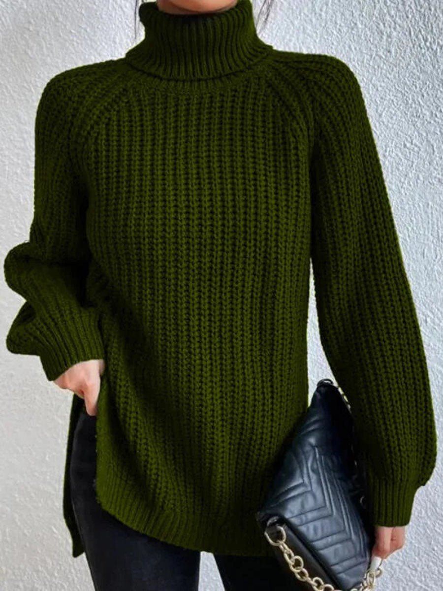 Women's Turtle Neck Ribbed Knit Sweater | Casual Long Sleeve Side Split Tunic Gown