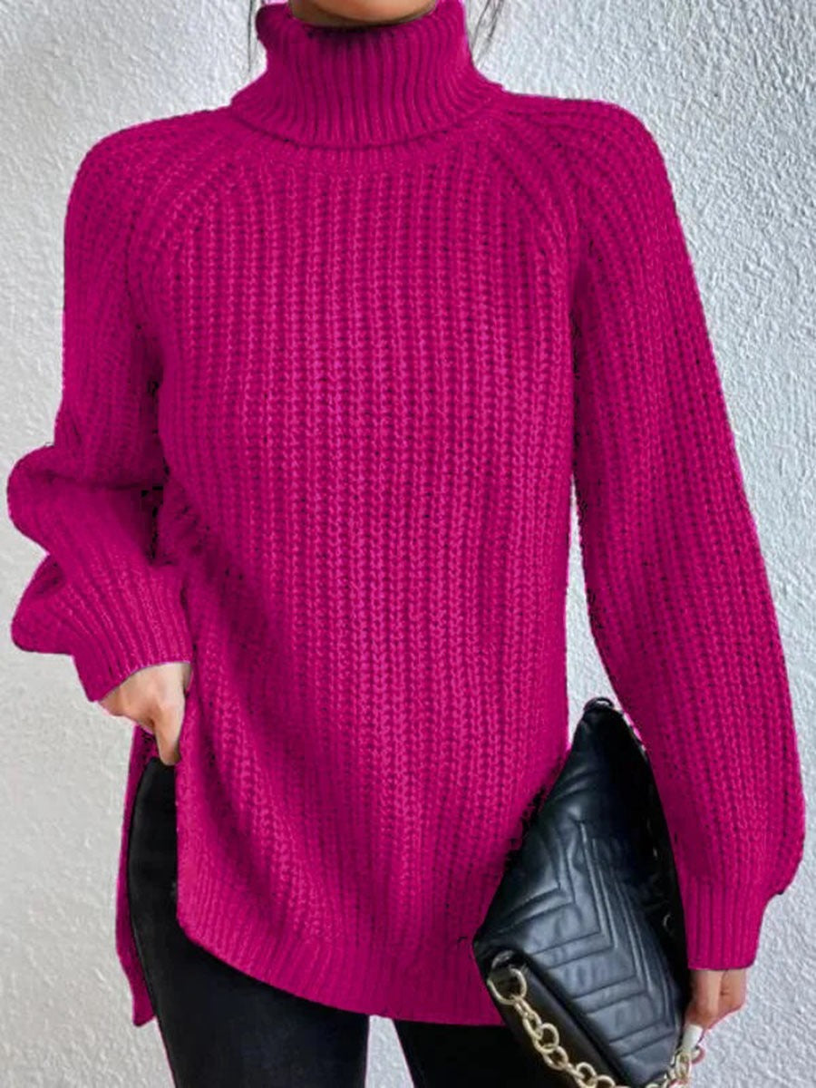 Women's Turtle Neck Ribbed Knit Sweater | Casual Long Sleeve Side Split Tunic Gown