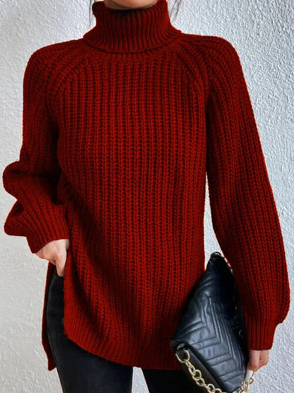 Women's Turtle Neck Ribbed Knit Sweater | Casual Long Sleeve Side Split Tunic Gown