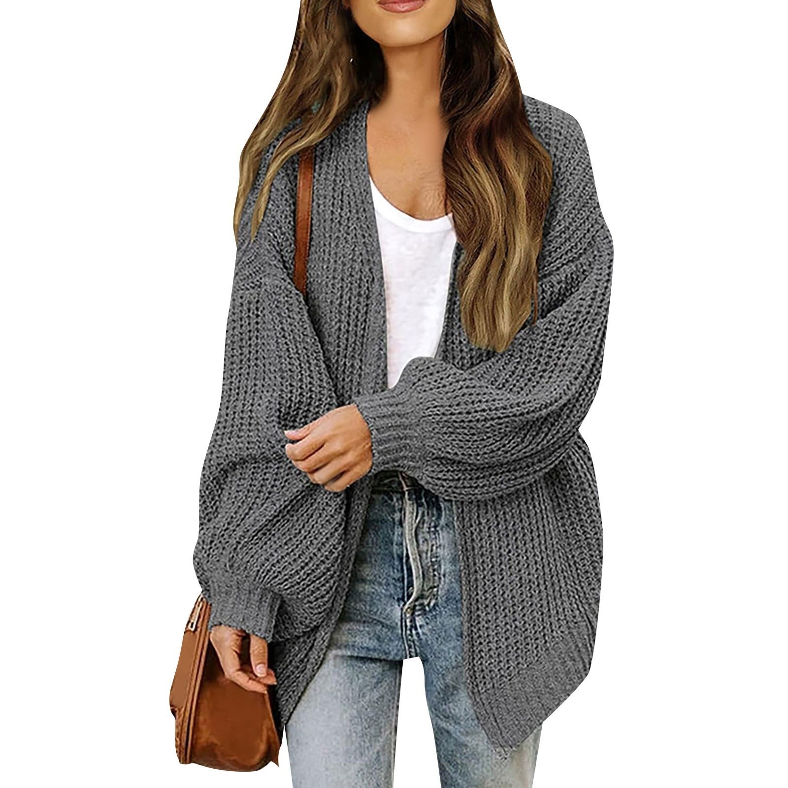 Chunky Knit Lantern Sleeve Cardigan - Loose Fit Open Front Slouchy Oversized Sweater Jacket