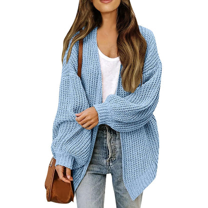 Chunky Knit Lantern Sleeve Cardigan - Loose Fit Open Front Slouchy Oversized Sweater Jacket