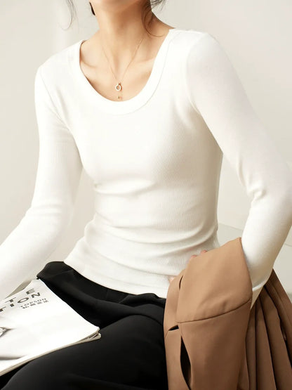 Premium High-Stretch Ribbed U-Neck Top - Slim Fit Classic Long Sleeve T-Shirt Scoop Neck Layering Base Layer